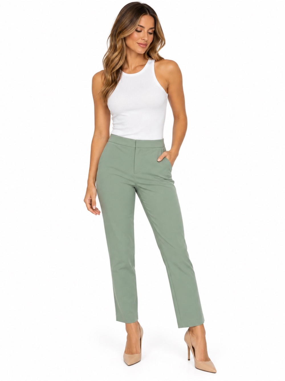 Zara Sage Green Tailored Straight Leg Ankle Pants